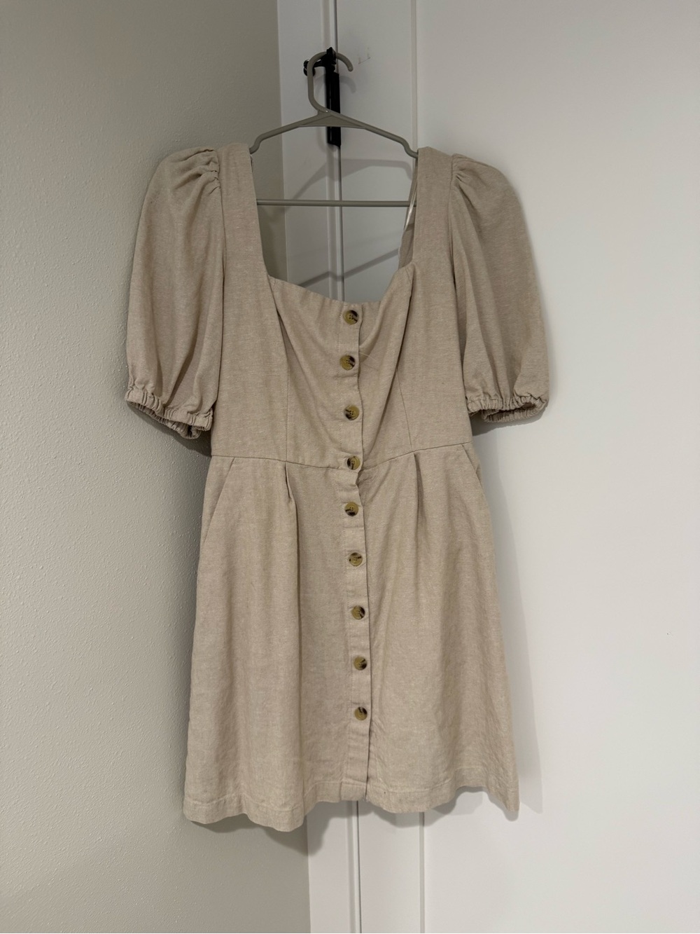 Old Navy Beige Button-Front Puff Sleeve Mini Dress